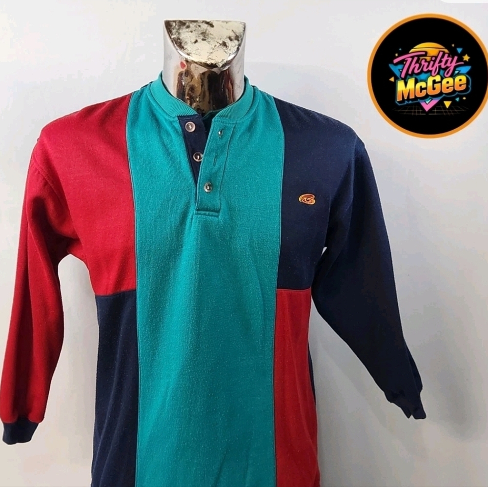 Vintage 90s Bugle Boy Colorblock Henley Shirt BOYS Large Red Green Navy Rugby